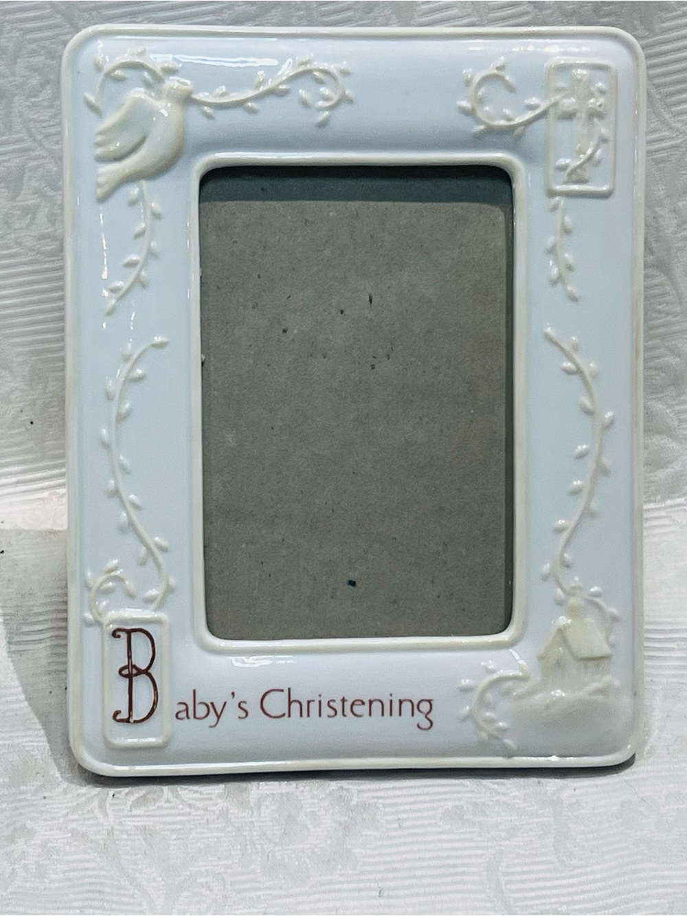 Vintage RUSS Ceramic Baby Christening Picture Frame‎ 4"
X6" Photo Hand Painted